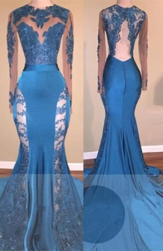 A| Bridelily Blue Long-Sleeve 2019 Prom Dress | Lace Mermaid Formal Dress