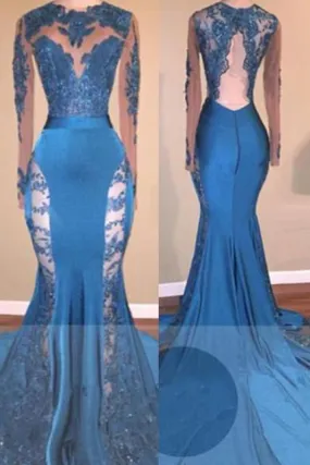 A| Bridelily Blue Long-Sleeve 2019 Prom Dress | Lace Mermaid Formal Dress