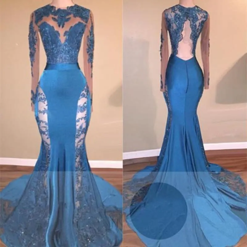 A| Bridelily Blue Long-Sleeve 2019 Prom Dress | Lace Mermaid Formal Dress