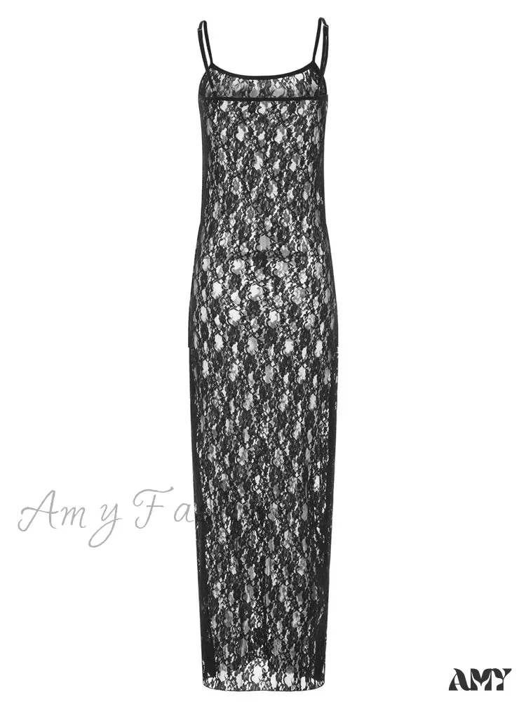 Amy Fashion - Lace Floral Mesh See Through  Summer Beach Cover Ups Women Sleeveless Strap Solid Slim Vestidos