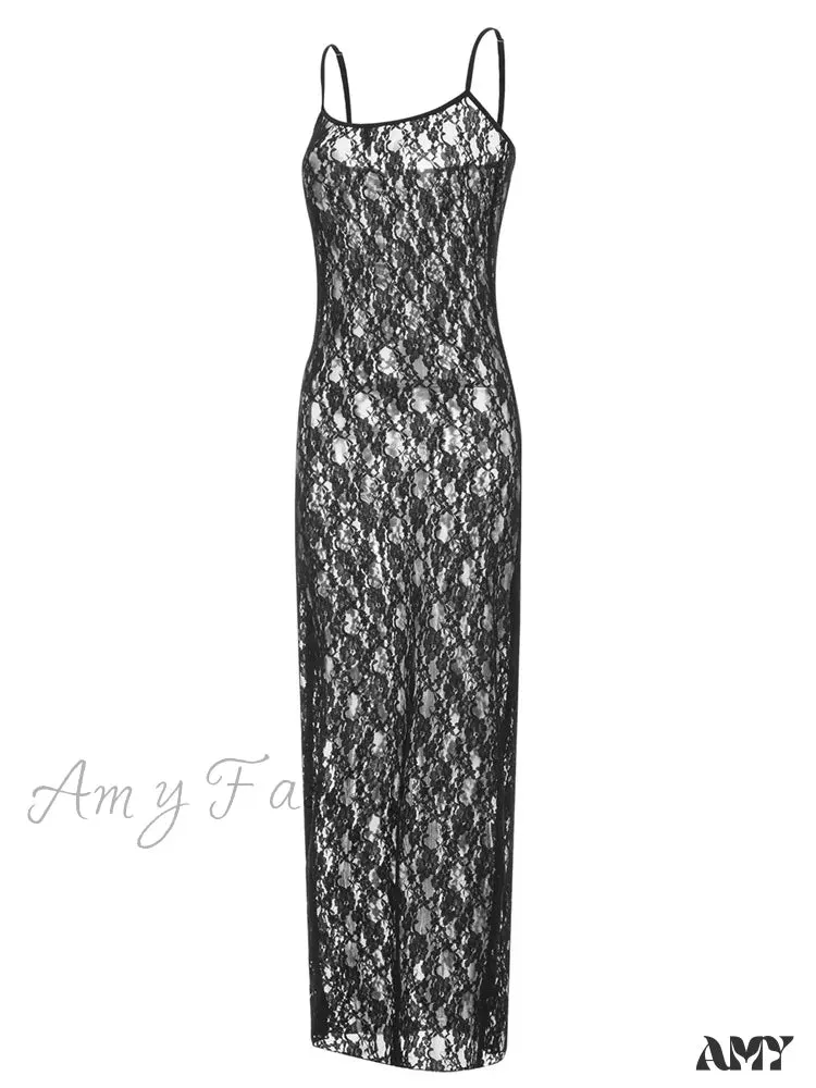 Amy Fashion - Lace Floral Mesh See Through  Summer Beach Cover Ups Women Sleeveless Strap Solid Slim Vestidos