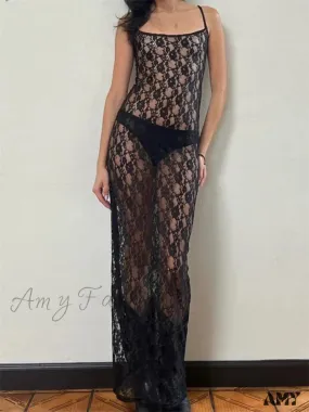 Amy Fashion - Lace Floral Mesh See Through  Summer Beach Cover Ups Women Sleeveless Strap Solid Slim Vestidos