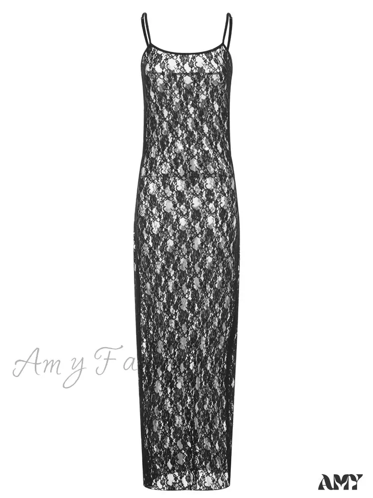 Amy Fashion - Lace Floral Mesh See Through  Summer Beach Cover Ups Women Sleeveless Strap Solid Slim Vestidos