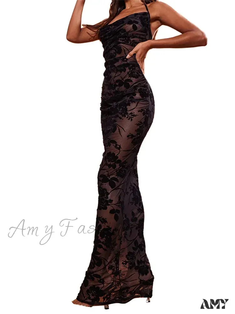 Amy Fashion - Retro Women Y2K Lace See Through  Halter Lace-up Backless Summer  Low Cut V-neck Vestidos Beachwear