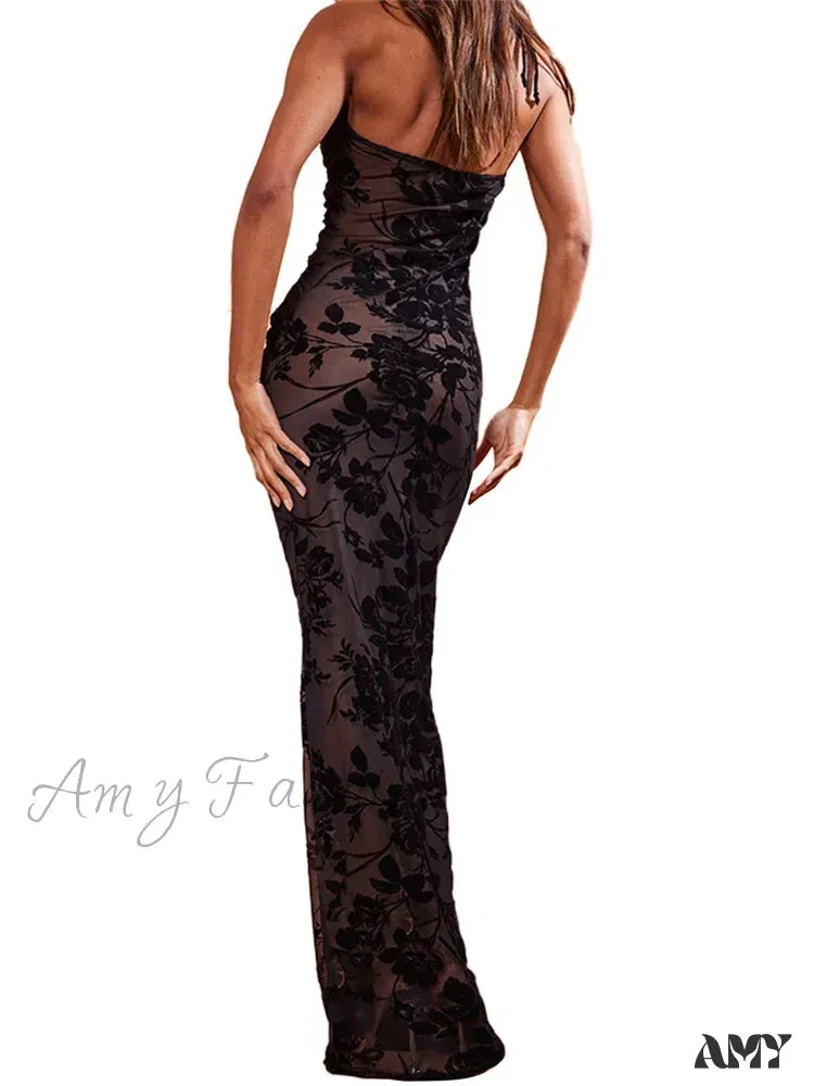 Amy Fashion - Retro Women Y2K Lace See Through  Halter Lace-up Backless Summer  Low Cut V-neck Vestidos Beachwear
