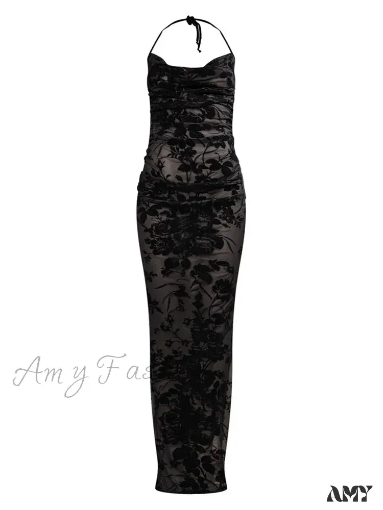 Amy Fashion - Retro Women Y2K Lace See Through  Halter Lace-up Backless Summer  Low Cut V-neck Vestidos Beachwear