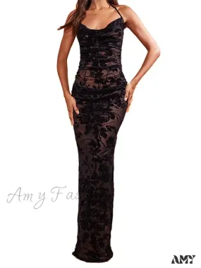 Amy Fashion - Retro Women Y2K Lace See Through  Halter Lace-up Backless Summer  Low Cut V-neck Vestidos Beachwear