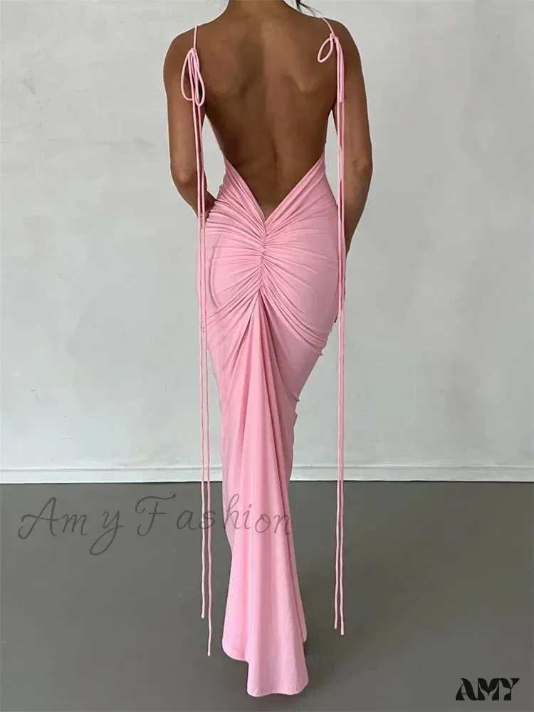 Amy Fashion - Women Sleeveless Lace-up Strap Sling Summer Backless Ruched Party  V-neck Slim Fit Sexy Vestidos