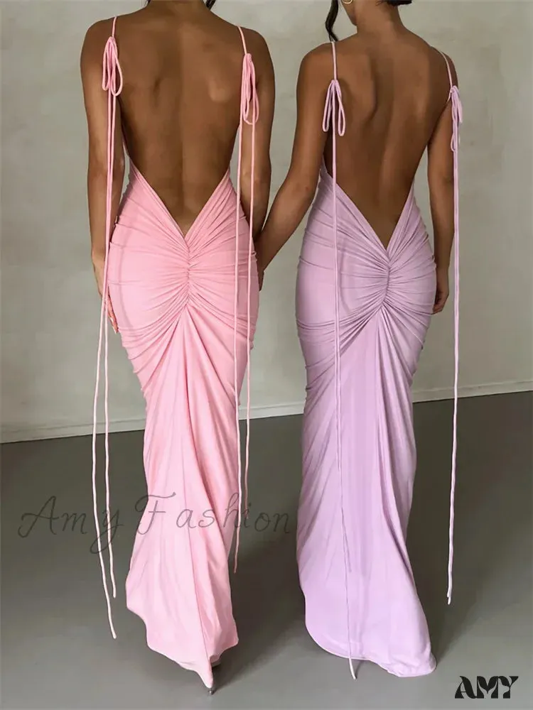 Amy Fashion - Women Sleeveless Lace-up Strap Sling Summer Backless Ruched Party  V-neck Slim Fit Sexy Vestidos