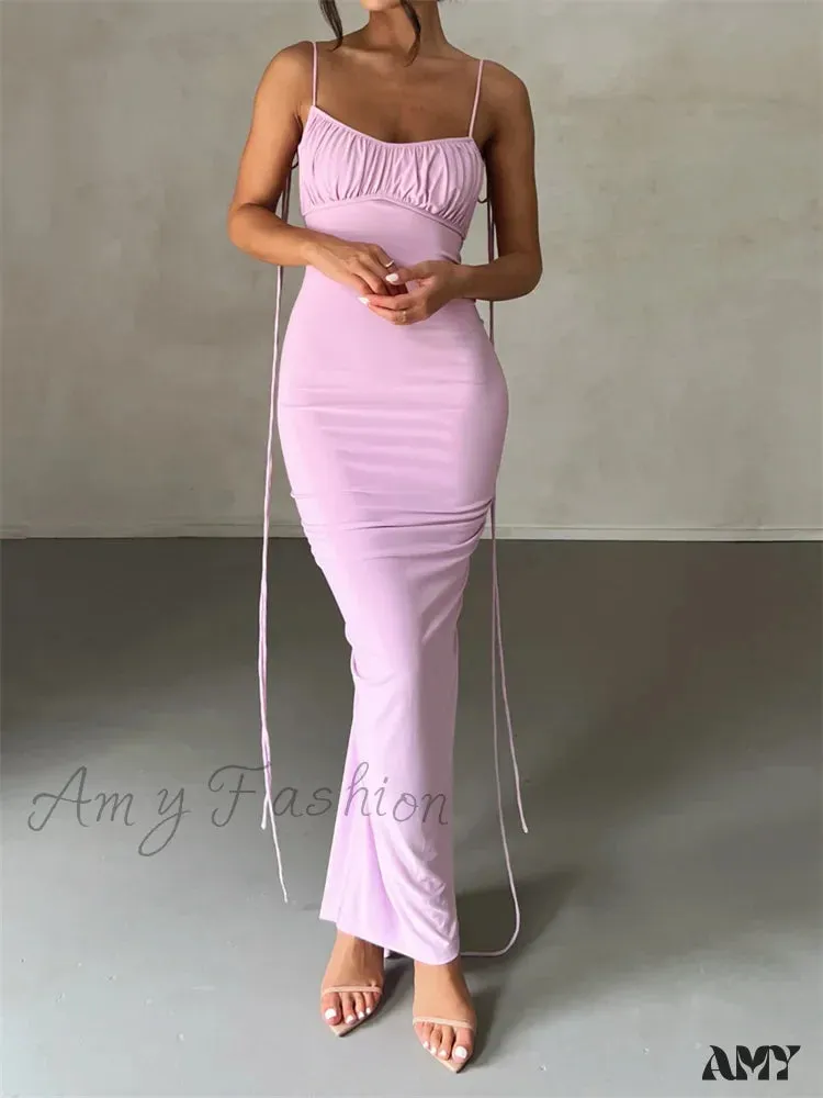 Amy Fashion - Women Sleeveless Lace-up Strap Sling Summer Backless Ruched Party  V-neck Slim Fit Sexy Vestidos