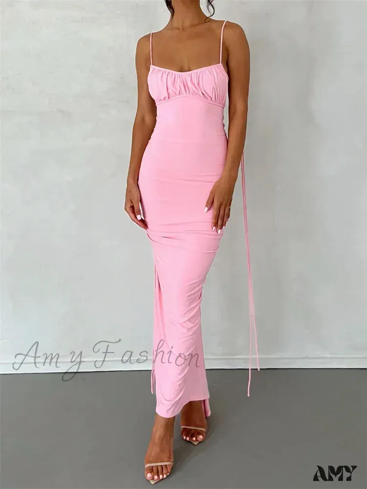 Amy Fashion - Women Sleeveless Lace-up Strap Sling Summer Backless Ruched Party  V-neck Slim Fit Sexy Vestidos