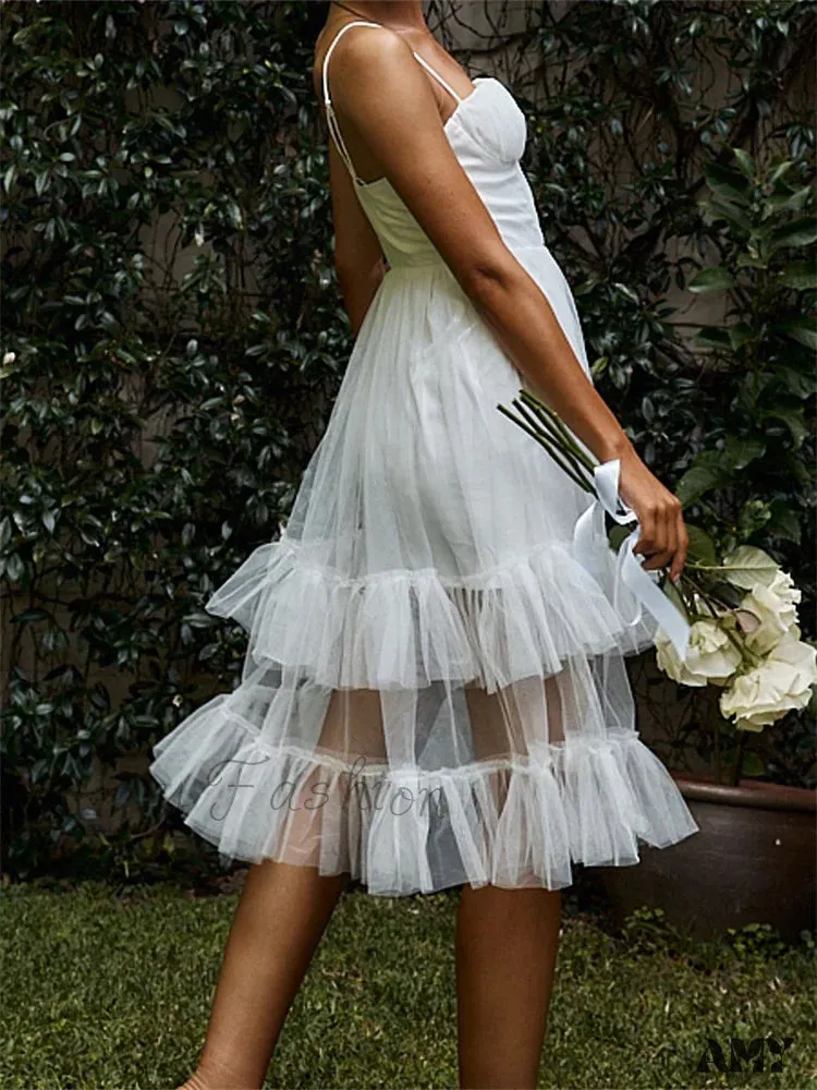 Amy Fashion - Women Summer  Solid Color Sleeveless Strap Summer Layered Tulle Ruffles Backless Party Vestidos