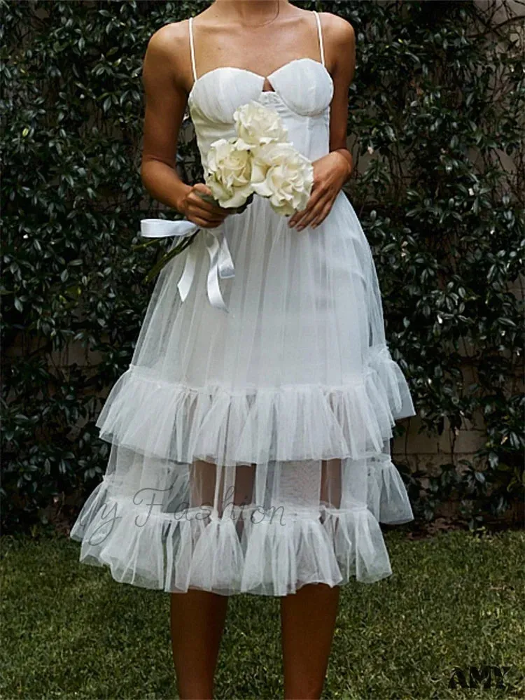 Amy Fashion - Women Summer  Solid Color Sleeveless Strap Summer Layered Tulle Ruffles Backless Party Vestidos