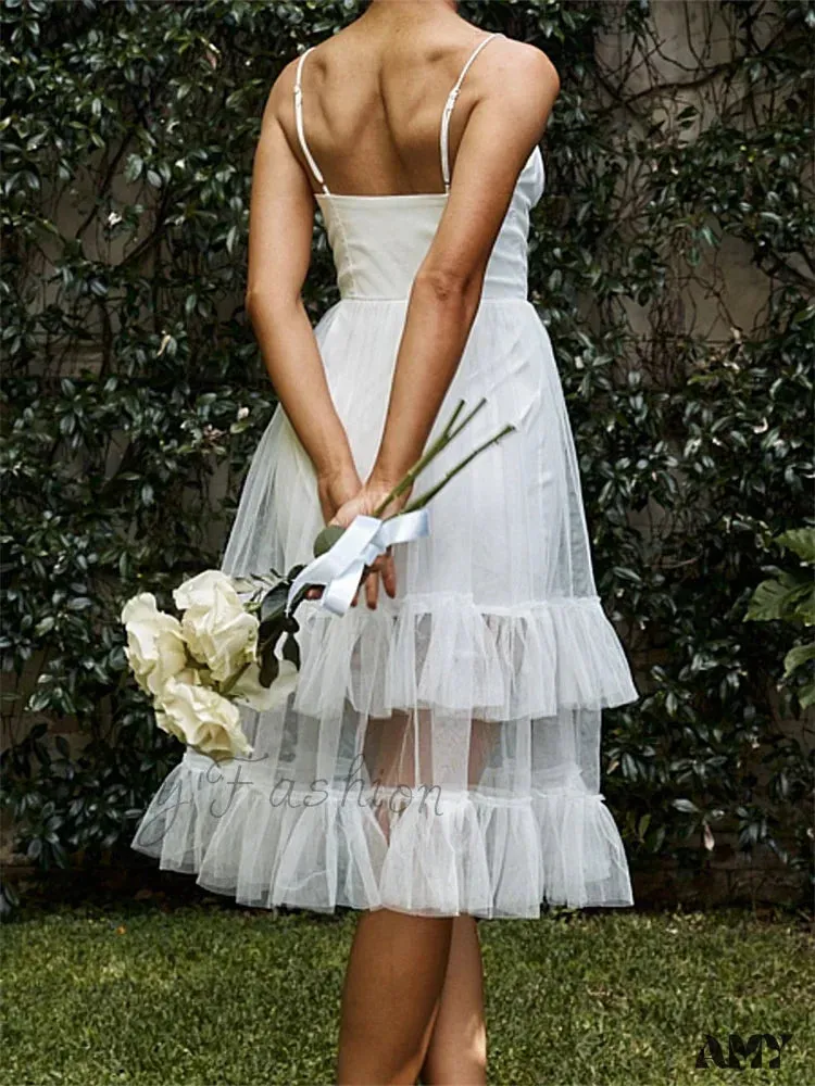Amy Fashion - Women Summer  Solid Color Sleeveless Strap Summer Layered Tulle Ruffles Backless Party Vestidos