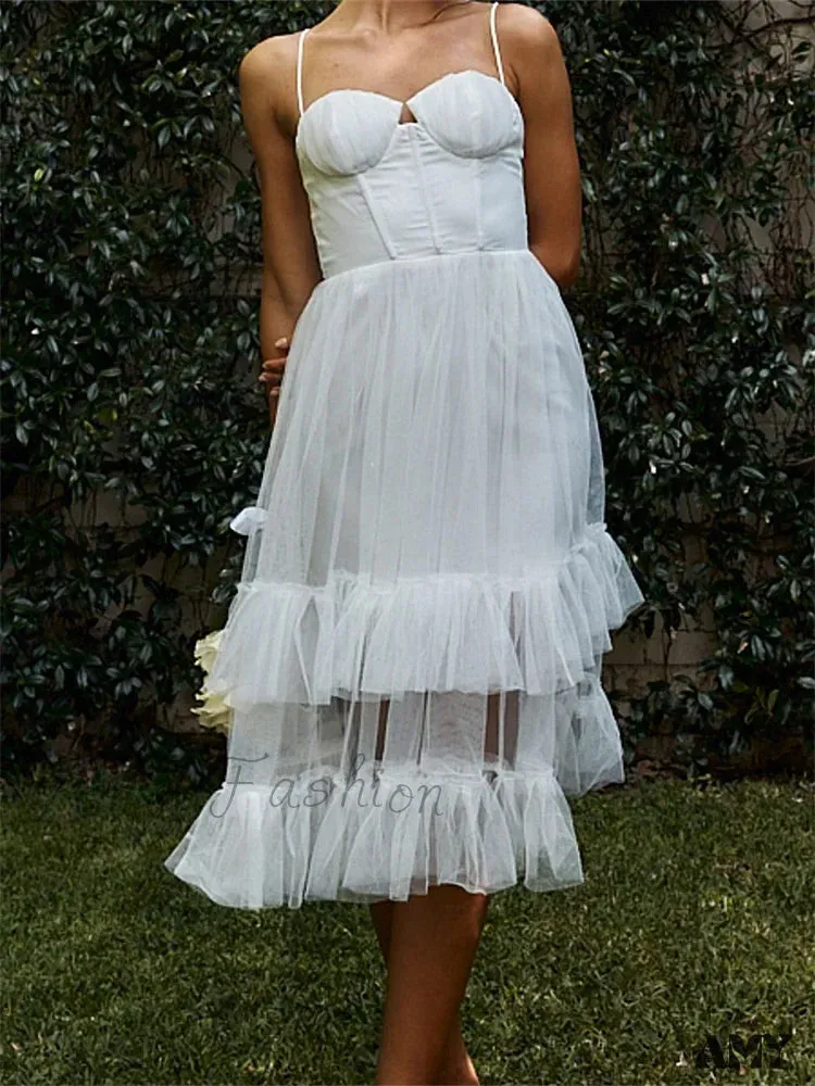 Amy Fashion - Women Summer  Solid Color Sleeveless Strap Summer Layered Tulle Ruffles Backless Party Vestidos