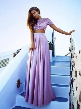 Bateau Short Sleeves Satin Floor-Length With Lace Two Piece Dresses