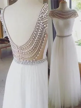 Bateau Sleeveless A-line Tulle Evening Dresses Long With Beading
