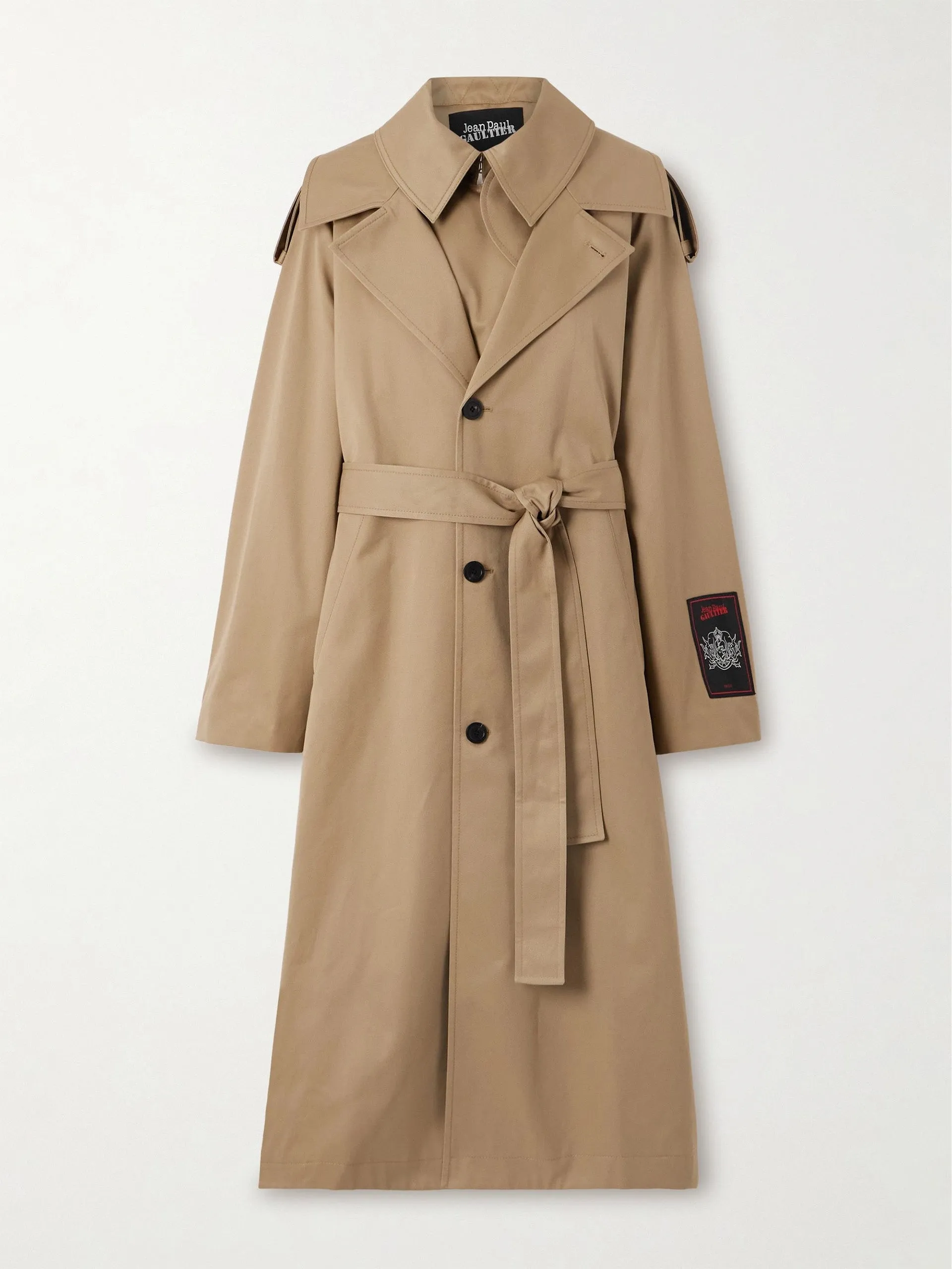 Belted layered appliquéd cotton-twill trench coat