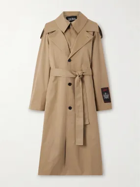 Belted layered appliquéd cotton-twill trench coat