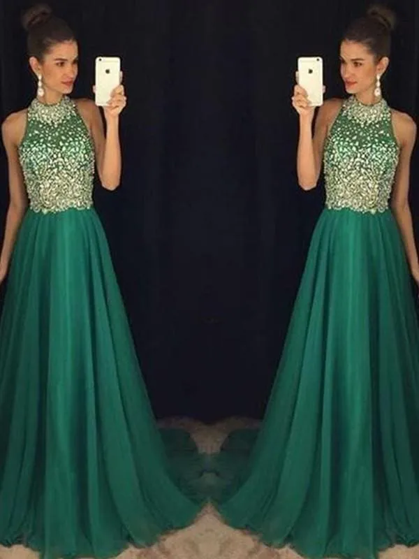 Bridelily A-Line Halter Sleeveless Floor-Length With Beading Chiffon Dresses