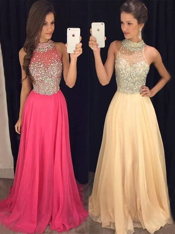 Bridelily A-Line Halter Sleeveless Floor-Length With Beading Chiffon Dresses