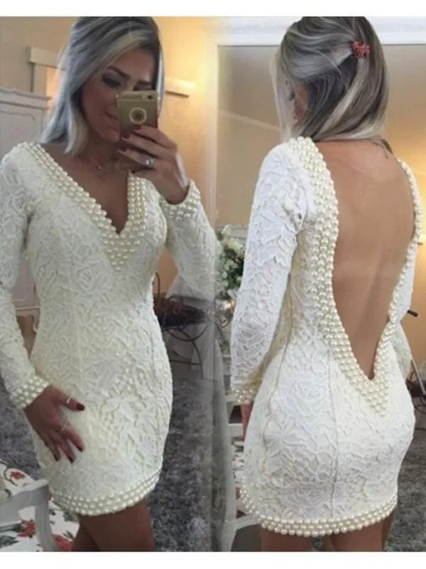 Bridelily A-Line Lace V-neck Long Sleeves Short/Mini With Pearls Dresses
