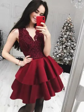 Bridelily A-Line Lace V-Neck Sleeveless Satin Short/Mini Dresses