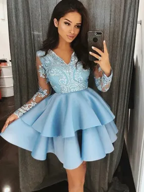 Bridelily A-Line Satin V-Neck Long Sleeves With Applique Short/Mini Dresses