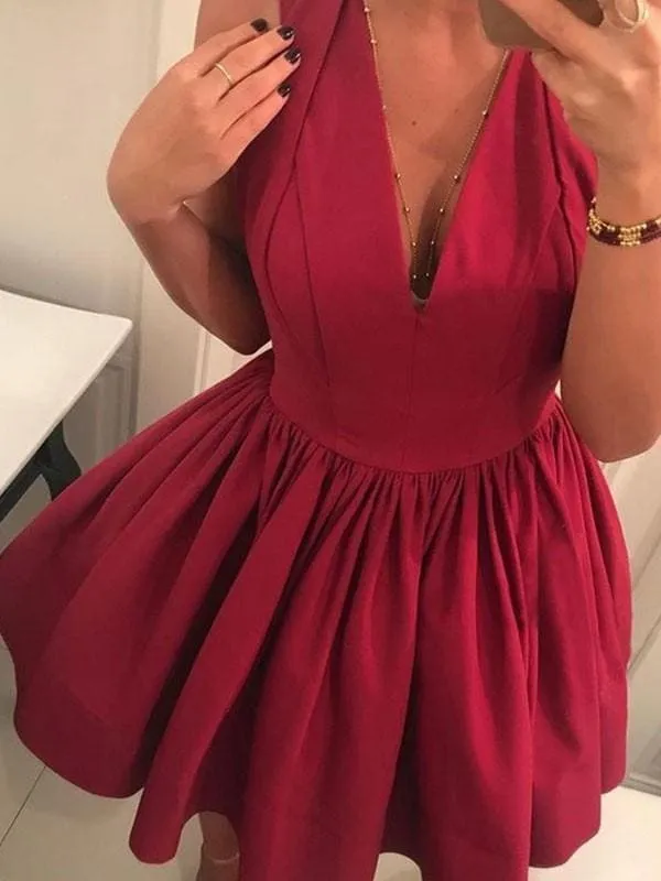 Bridelily A-Line V-neck Satin With Ruched Sleeveless Short/Mini Dresses