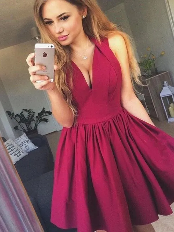 Bridelily A-Line V-neck Satin With Ruched Sleeveless Short/Mini Dresses