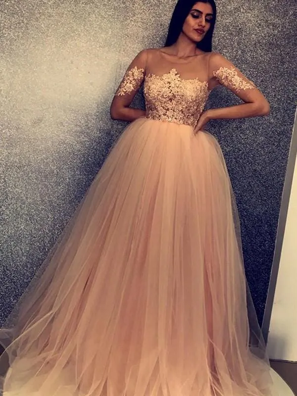 Bridelily Ball Gown Short Sleeves Scoop Sweep/Brush Train With Applique Tulle Dresses