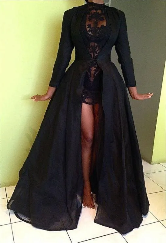 Bridelily High Collar Black Lace Evening Dress New Arrival Long Sleeve Detachable Plus Size Dresses CJ0461