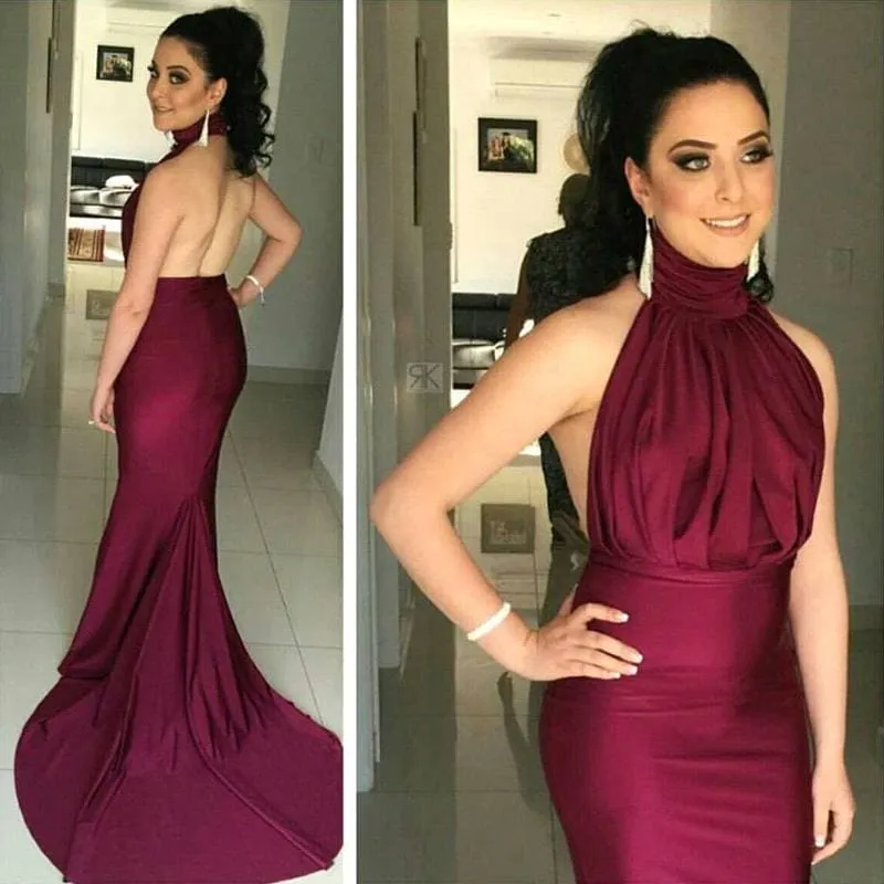 Bridelily High Collar Simple Burgundy Evening Dress Halter Open Back Sleeveless Prom Dress