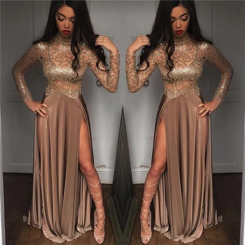 Bridelily High Neck Champagne Gold Sexy Evening Dress Splits Long Sleeve Illusion Prom Dress 2019 FB0061