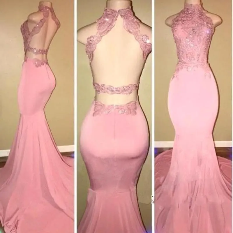Bridelily Pink High-Neck Mermaid Open-Back Long Prom Dresses