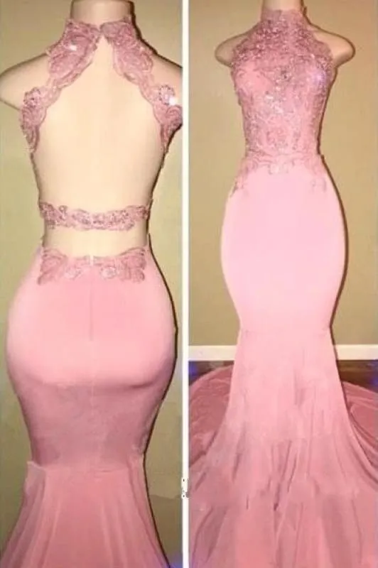 Bridelily Pink High-Neck Mermaid Open-Back Long Prom Dresses