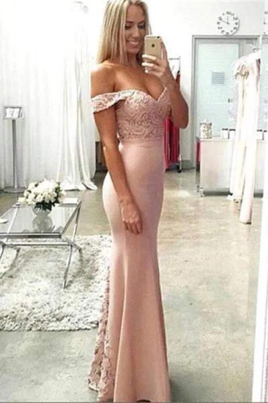 Bridelily Pink Lace-Top Off-the-Shoulder Long Mermaid Prom Dresses