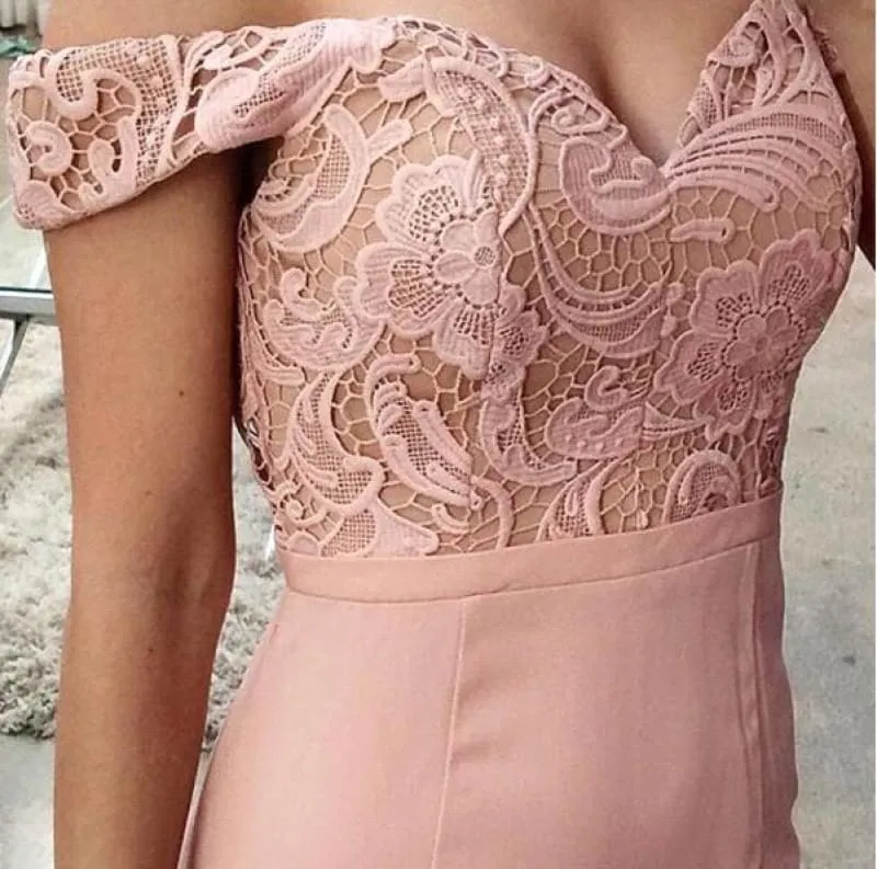 Bridelily Pink Lace-Top Off-the-Shoulder Long Mermaid Prom Dresses