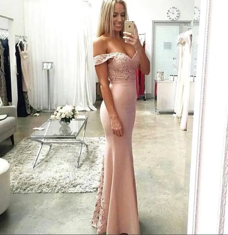 Bridelily Pink Lace-Top Off-the-Shoulder Long Mermaid Prom Dresses