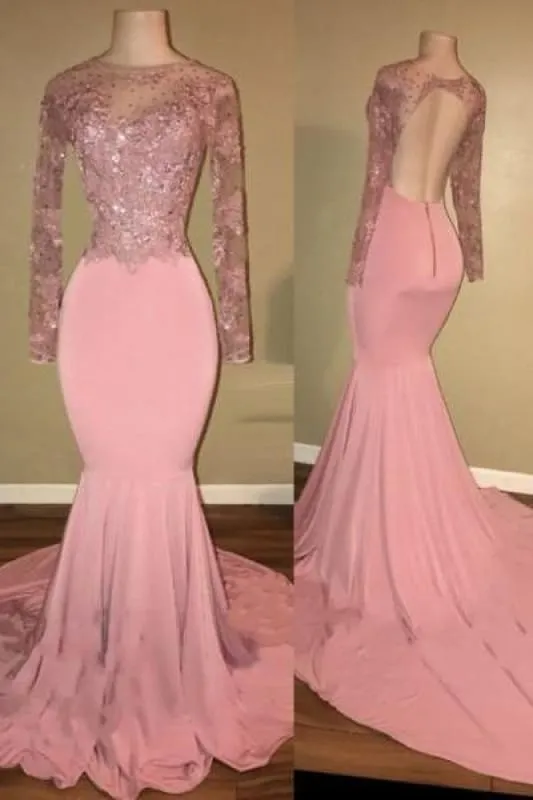 Bridelily Pink Long-Sleeves Backless Beaded Mermaid Shiny Prom Dresses