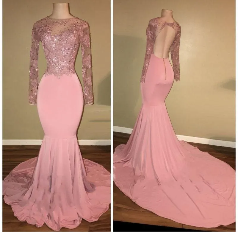 Bridelily Pink Long-Sleeves Backless Beaded Mermaid Shiny Prom Dresses