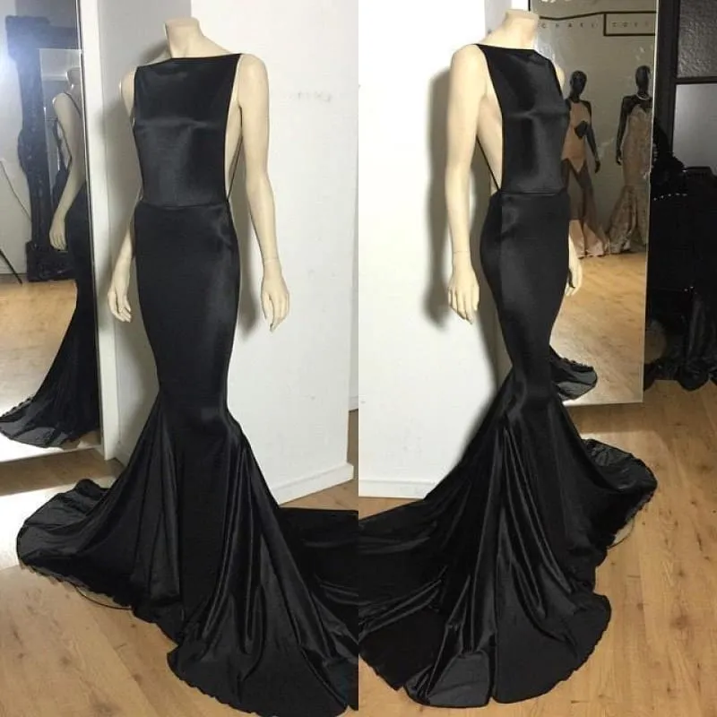 Bridelily Sexy Open-Back Black Mermaid Long Court-Train Cheap Evening Dress