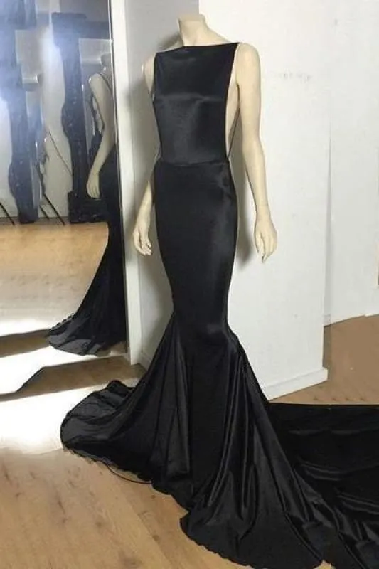 Bridelily Sexy Open-Back Black Mermaid Long Court-Train Cheap Evening Dress