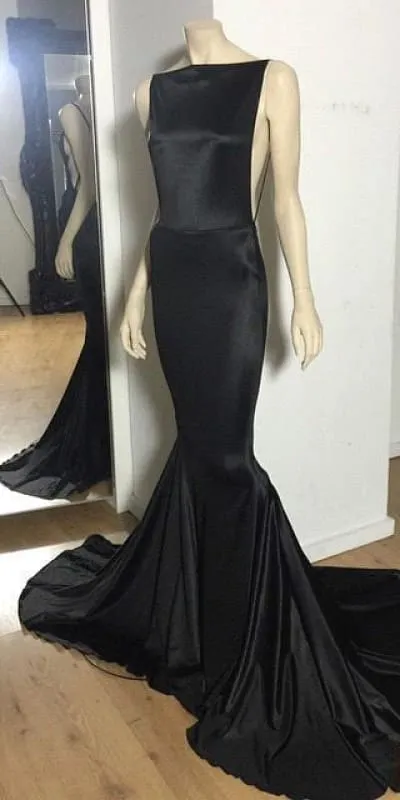 Bridelily Sexy Open-Back Black Mermaid Long Court-Train Cheap Evening Dress