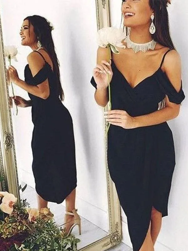 Bridelily Sheath Spaghetti Straps Short Sleeves Chiffon Asymmetrical Dresses
