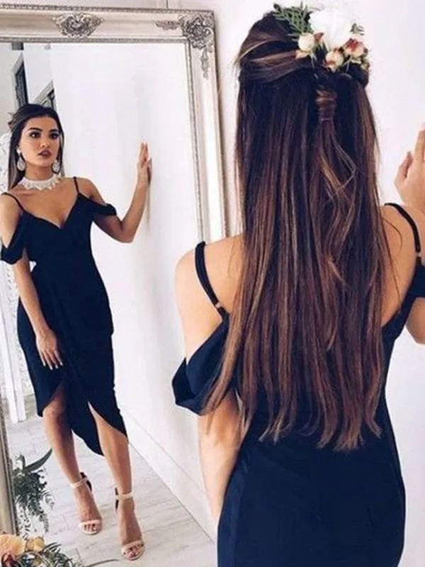Bridelily Sheath Spaghetti Straps Short Sleeves Chiffon Asymmetrical Dresses