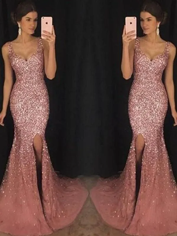 Bridelily Sheath Sweetheart Sleeveless Sweep/Brush Train Sequin Tulle Dresses
