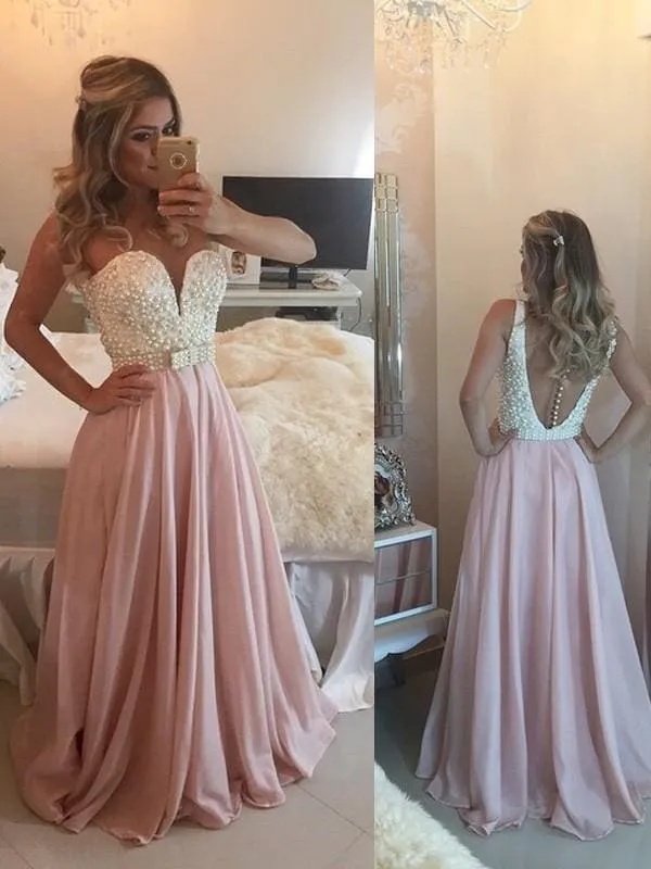 Chiffon Sweetheart Sleeveless A-line Floor-Length With Pearls Dresses