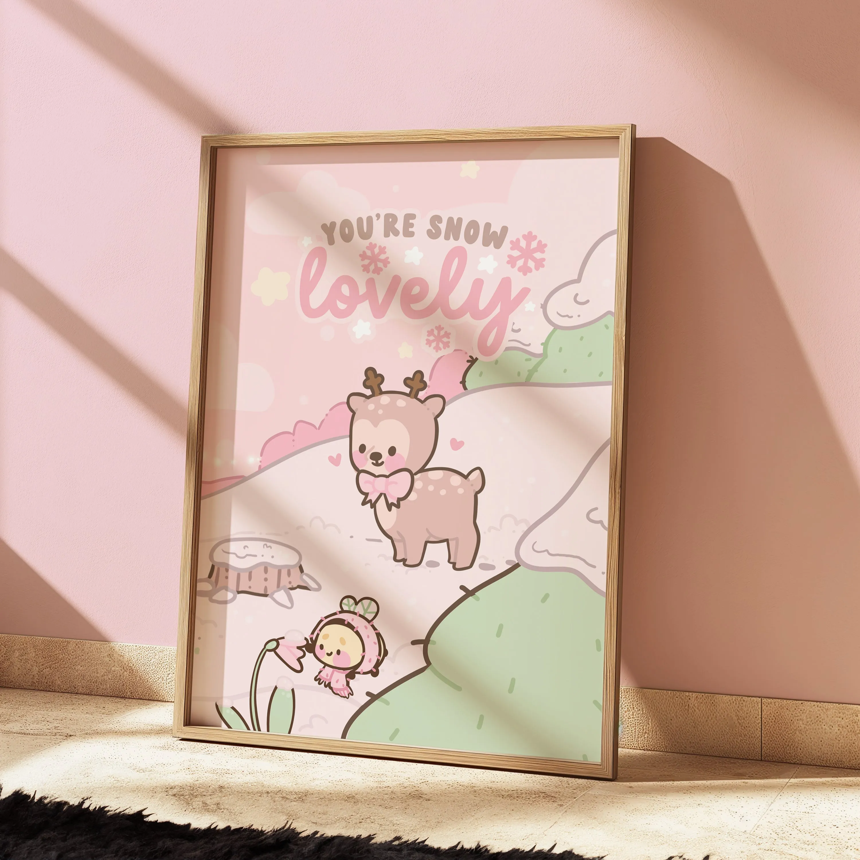 Cinnamon & Bumblebutt Art Print | Pastel Winter Scene with Snow-Capped Trees & "You're Snow Lovely" Quote | Kawaii Christmas Decor