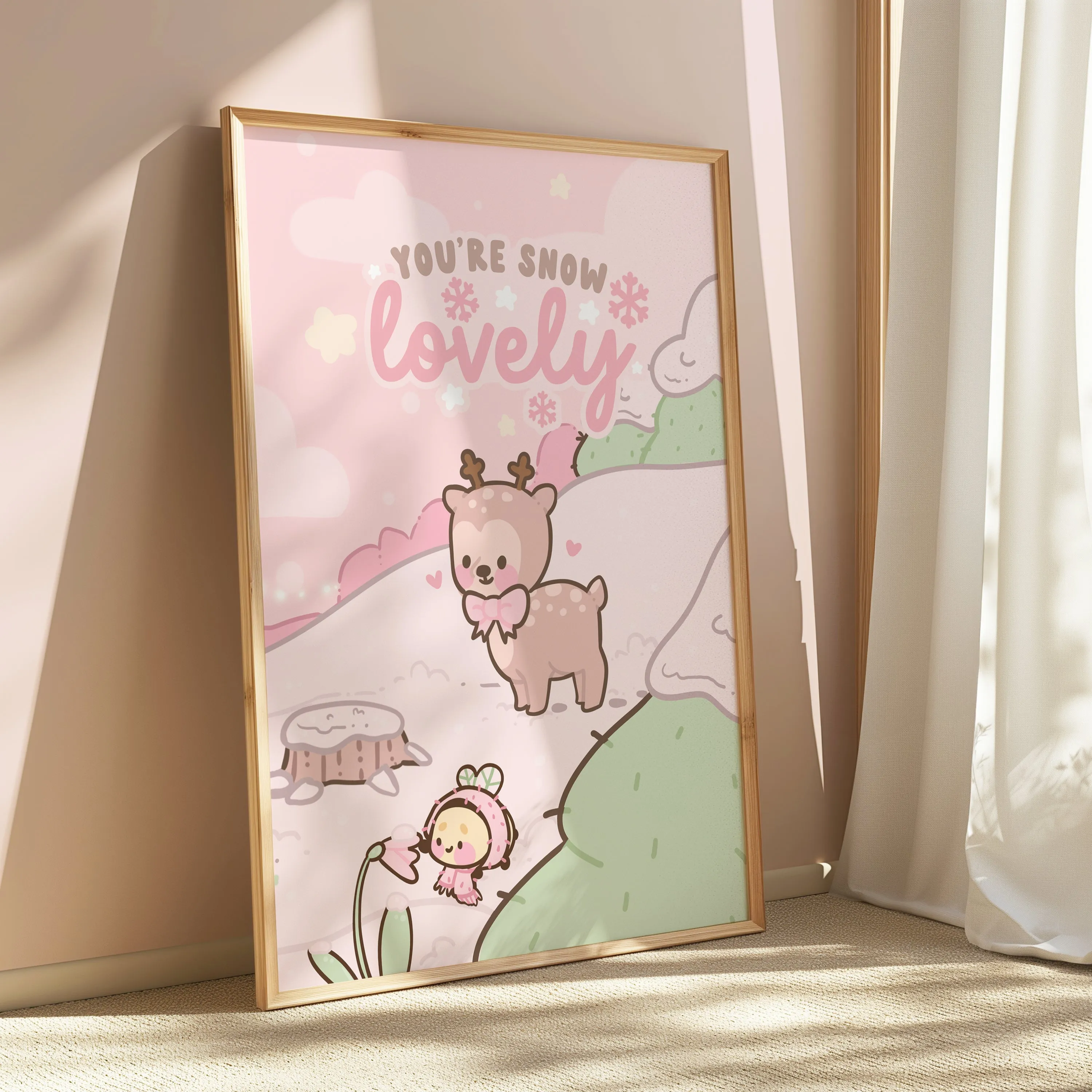 Cinnamon & Bumblebutt Art Print | Pastel Winter Scene with Snow-Capped Trees & "You're Snow Lovely" Quote | Kawaii Christmas Decor